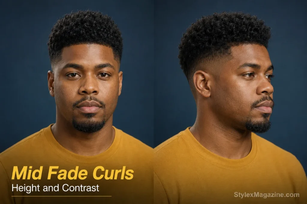 Man with a mid fade at the temple line and short curls styled with controlled height on top