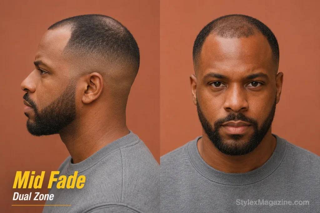 Mid fade with short top on a balding man where recession is meeting crown loss