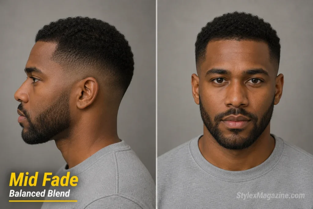 Mid fade haircut on a man with thinning hair showing the fade starting midway up the sides