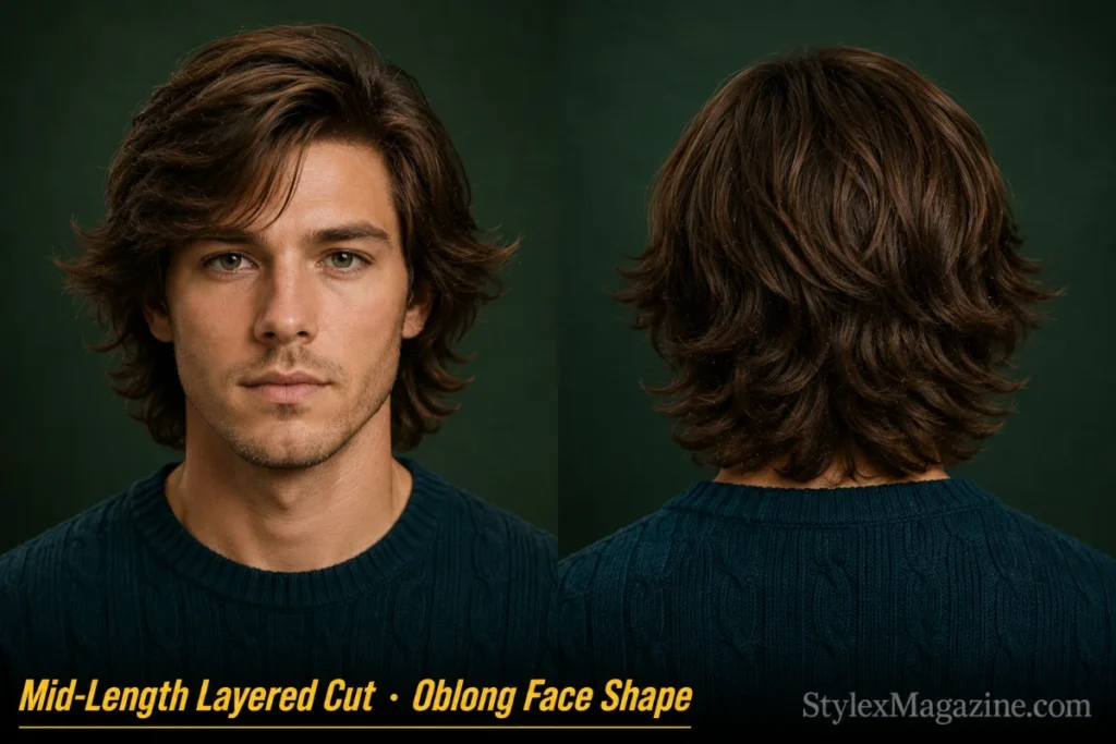 Mid-length layered cut on a man with oblong face shape, 4 inches with layers moving sideways at cheekbone level, no centre part