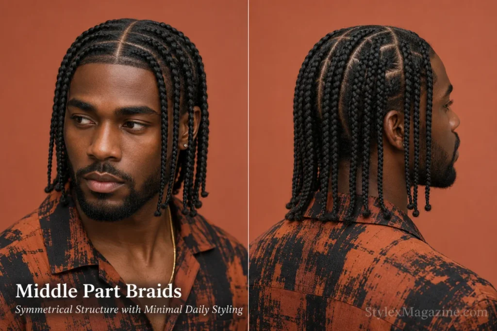 Black man with a precise centre part and symmetrical medium-length braids.
