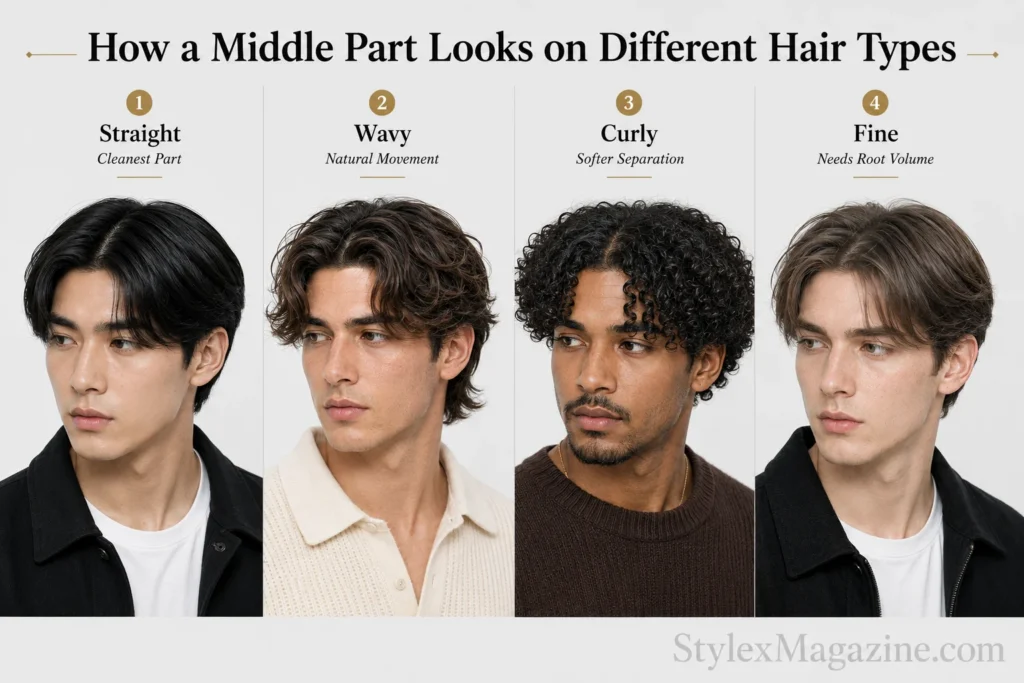 Four-panel comparison of middle part hairstyles on straight, wavy, curly and fine hair.