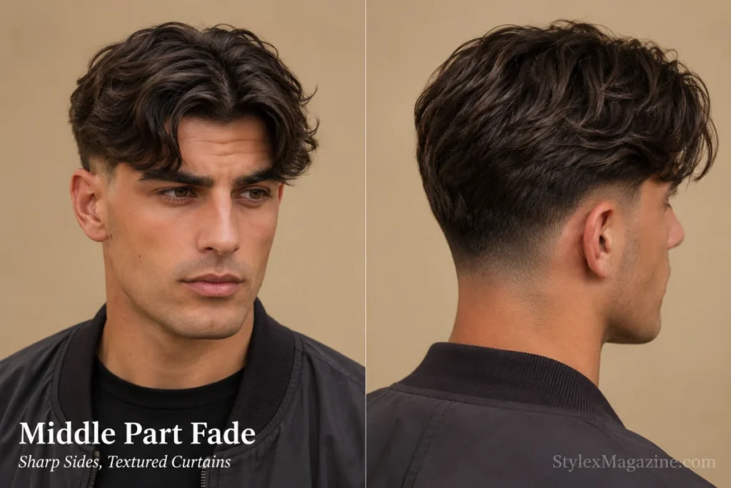 Man with a low fade and longer textured middle part curtain fringe on top.