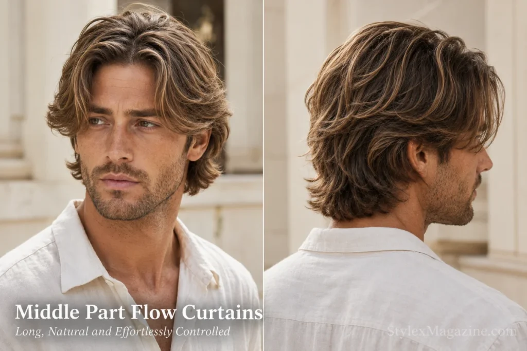 Man with long centre-parted flow curtains extending past the ears with minimal layering.