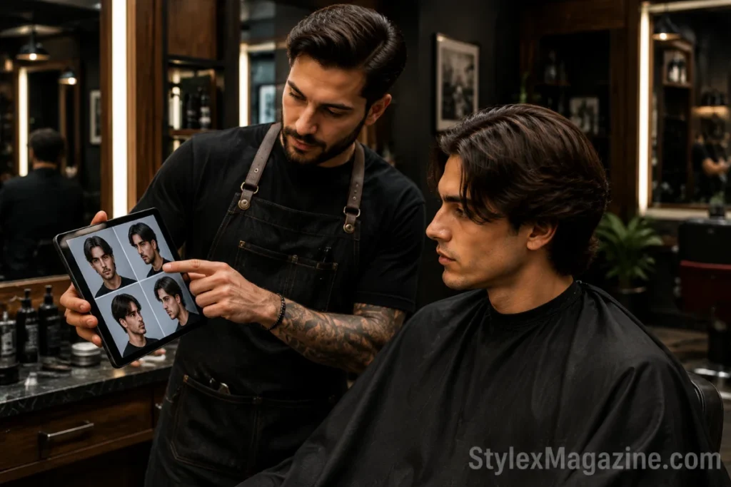 Barber explaining middle part haircut style to male client