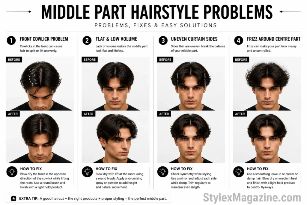 Common middle part haircut problems including cowlick flat hair and uneven part