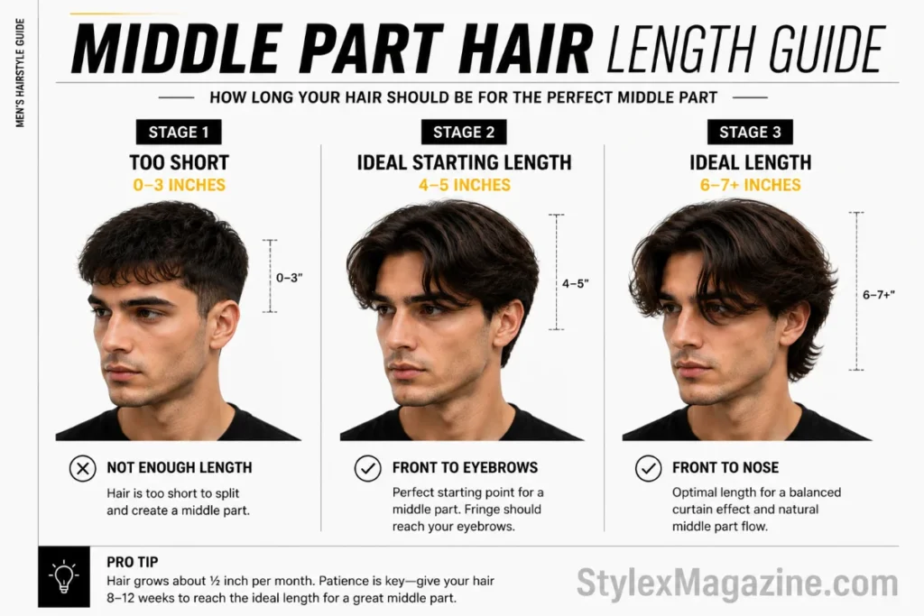 Man styling a middle part haircut with comb and blow dryer