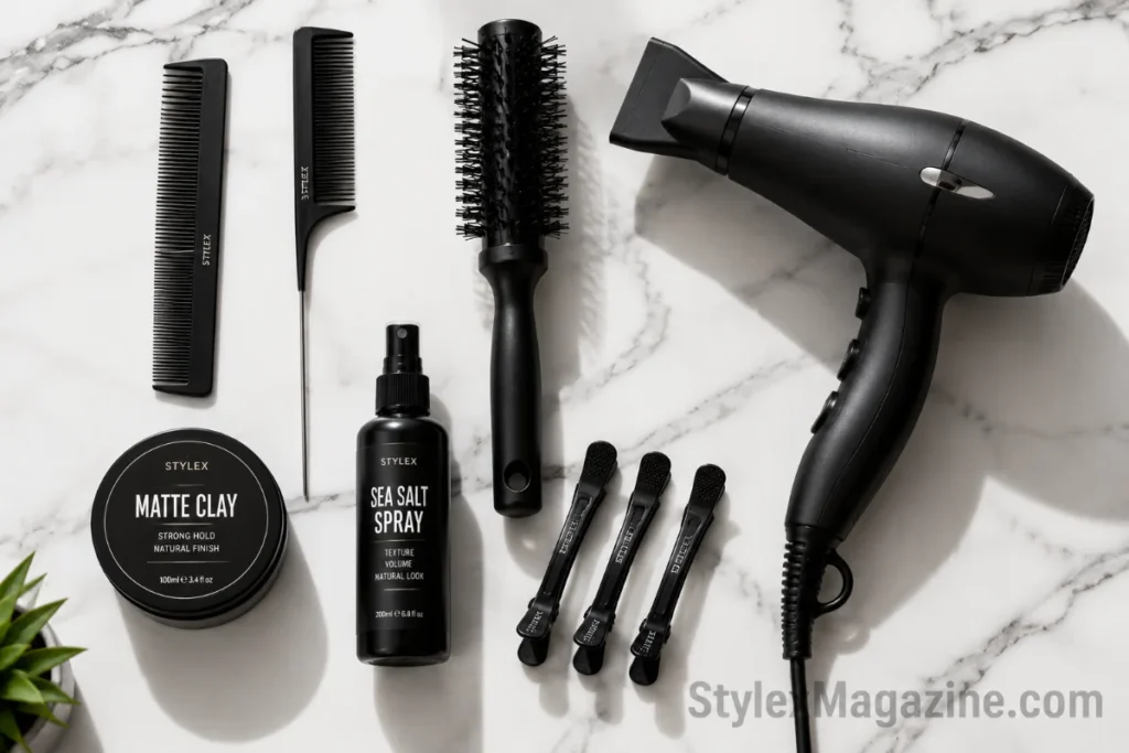 Hair styling tools needed for creating a men's middle part haircut