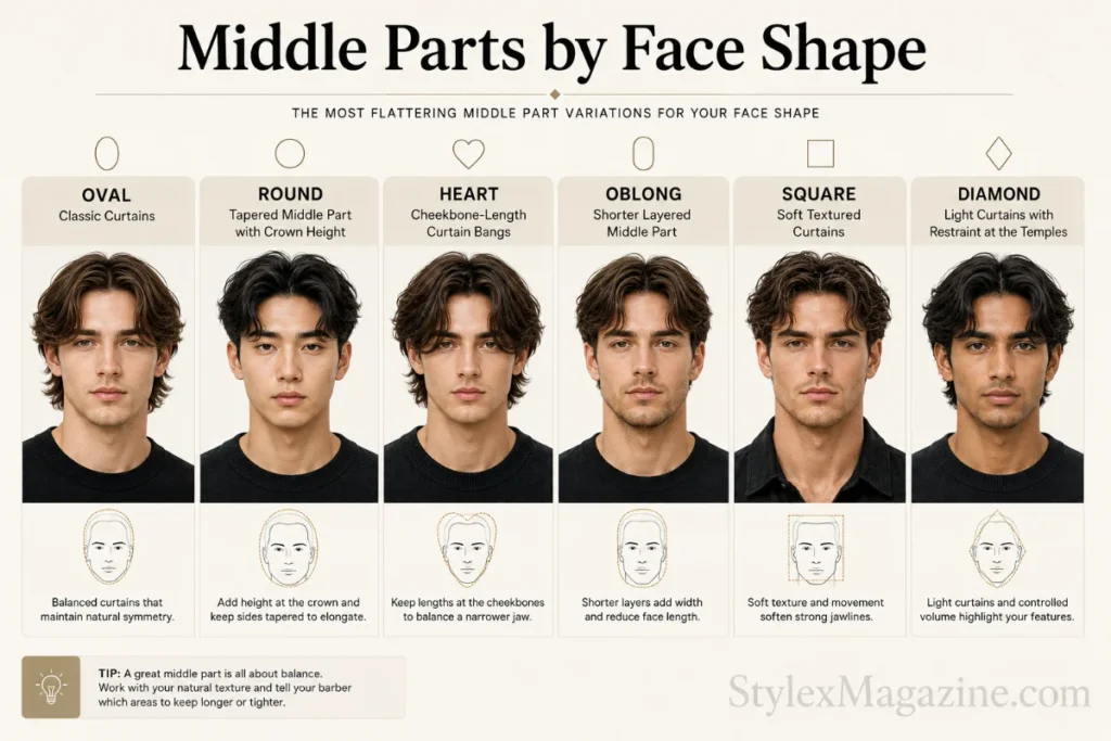 Comparison showing recommended middle part hairstyles for oval, round, heart, oblong, square and diamond faces.