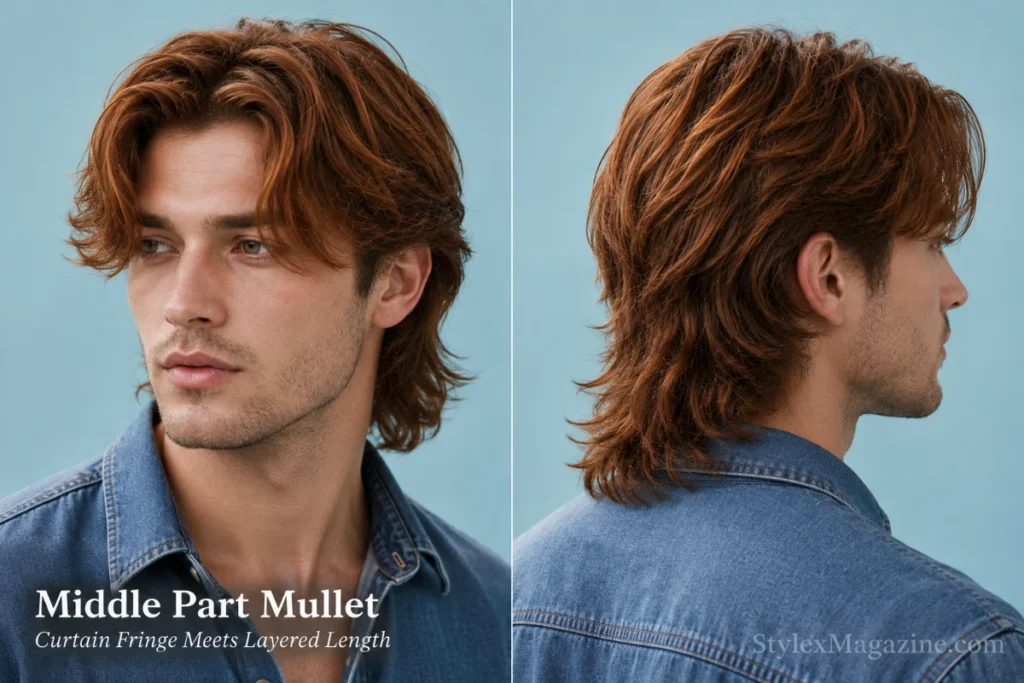 Man with curtain fringe, tapered sides and layered mullet length at the back.