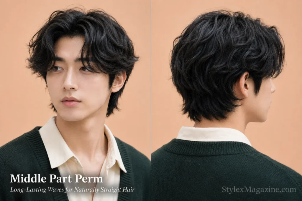 Man with a Korean-style loose wave perm shaped into a soft middle part.