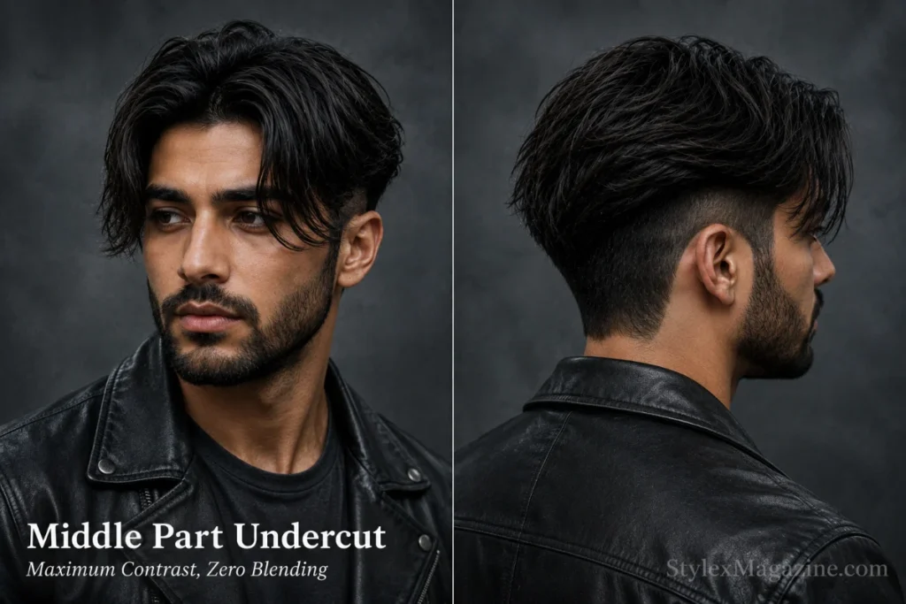 Man with a disconnected undercut and long middle-parted curtain fringe on top.