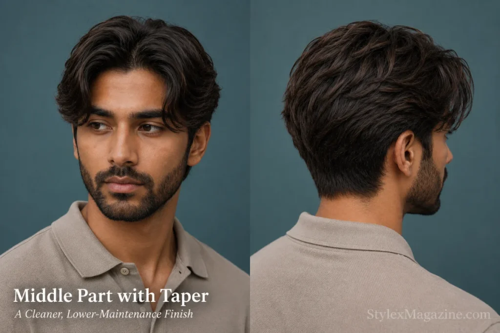 South Asian man with a natural middle part and subtle low taper around the ears and neckline.