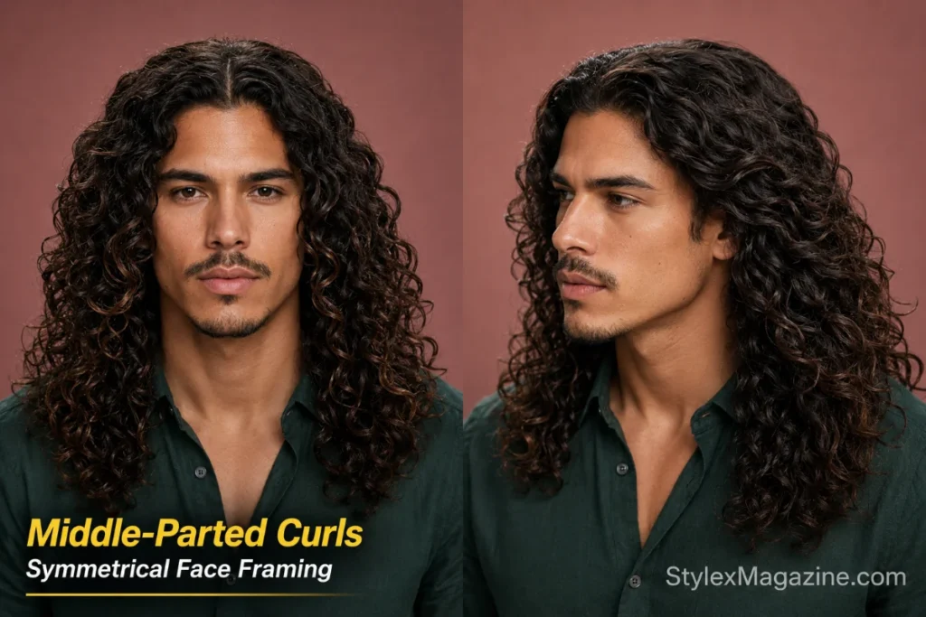 Man with long centre-parted curls falling symmetrically around the face and extending beyond the shoulders.