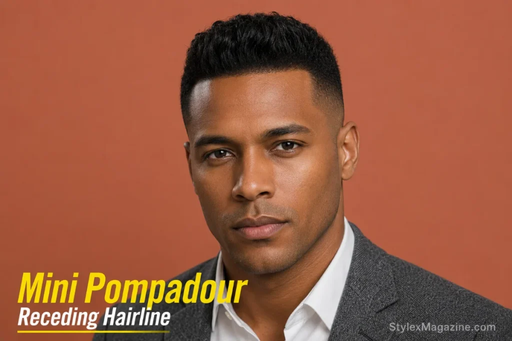 Mini pompadour on receding hairline showing shorter controlled lift at front creating impression of fuller hairline