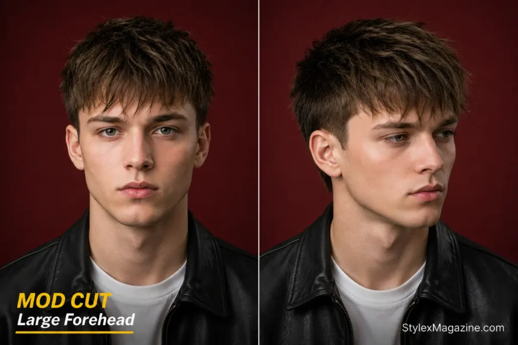 Mod cut hairstyle for men with a large forehead, front and side view