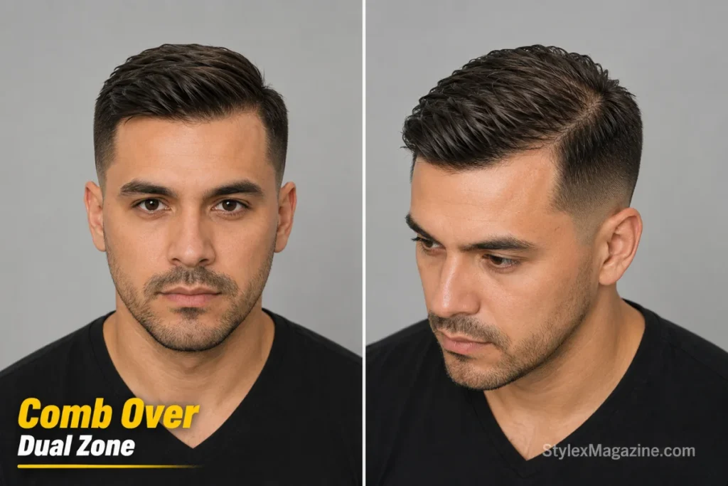 Modern comb over on a balding man with recession meeting crown loss showing textured side sweep