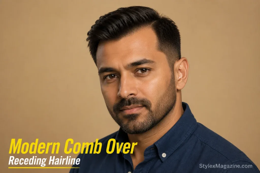 Modern comb over on receding hairline showing short textured sweep to one side using recession as natural starting point