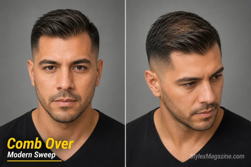 Modern comb over on a man with thinning hair showing textured side sweep