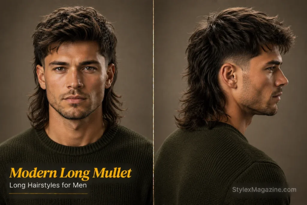 Modern long mullet hairstyle for men featuring textured crown layers, tapered sides, and extended length at the back.