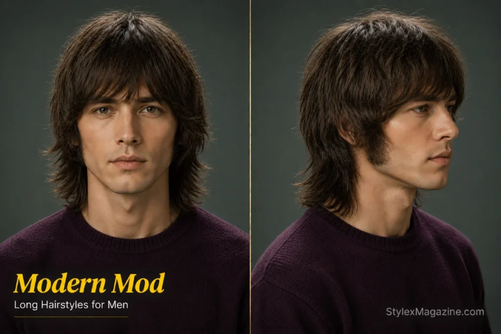 Modern Mod hairstyle for men featuring shaggy layered hair with thick sideburns and natural movement.
