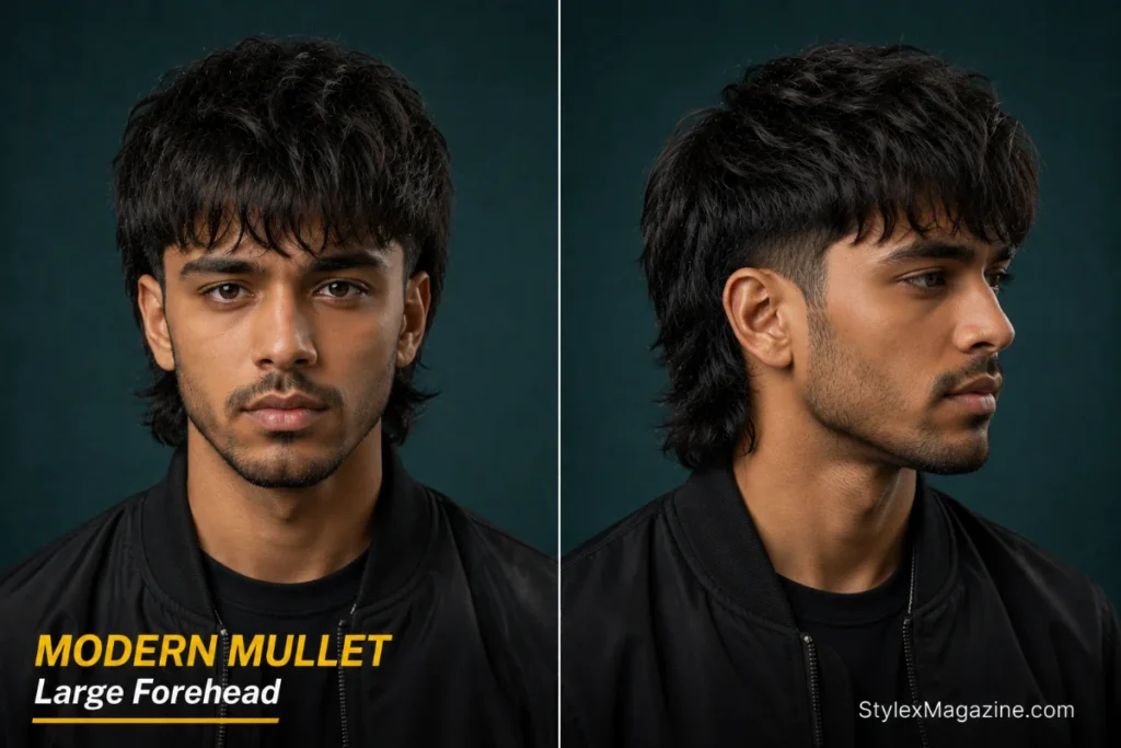 Modern mullet haircut for men with a large forehead, front and side view 