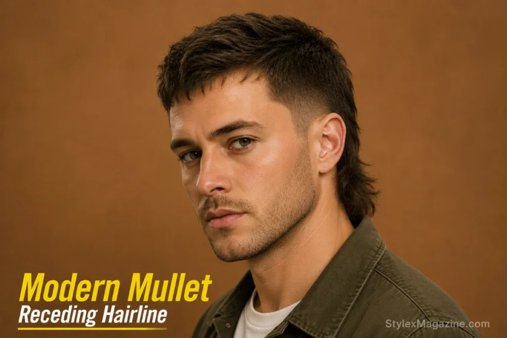 Modern mullet on receding hairline showing short textured top with longer back drawing eye rearward away from hairline
