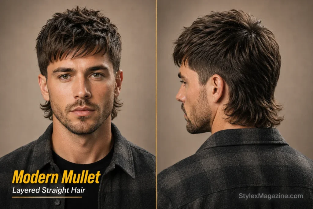 Modern mullet hairstyle for men with straight hair featuring a textured top and layered back.
