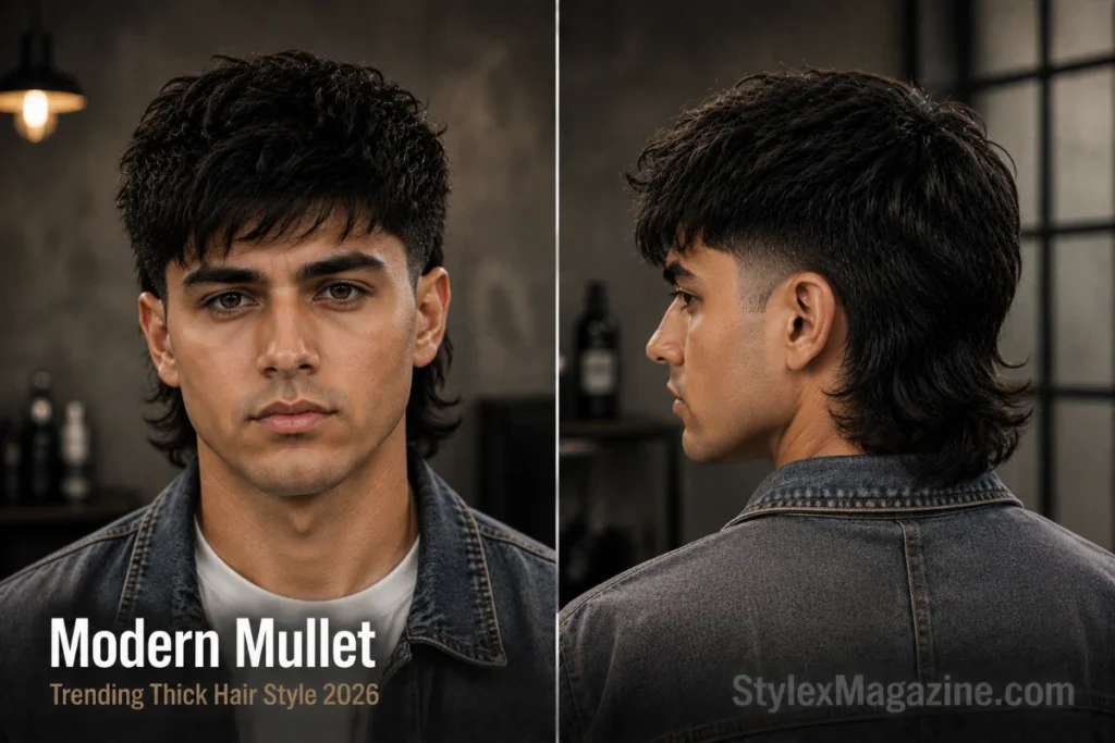 Modern mullet haircut with textured top and longer back for thick straight hair men