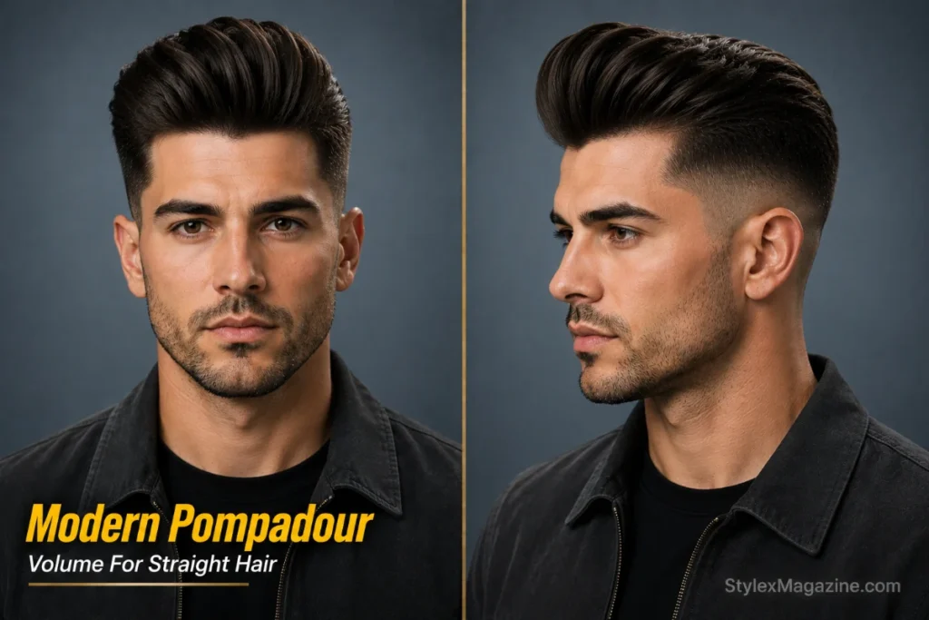 Modern pompadour hairstyle for men with straight hair featuring lifted volume and faded sides.