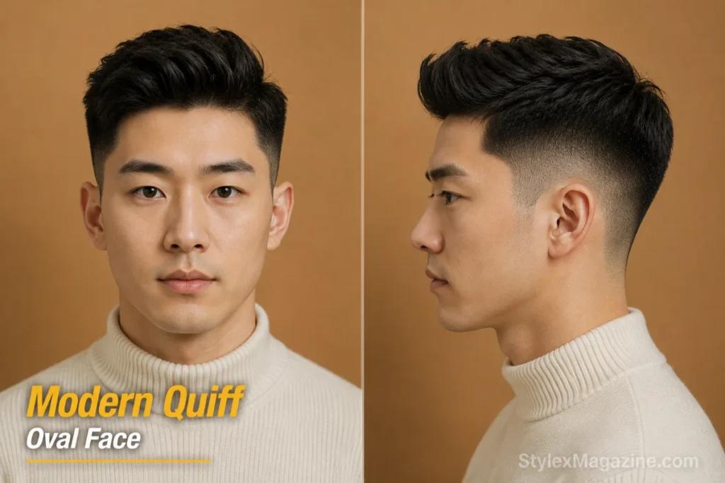 Modern quiff on oval face showing controlled upward volume under 3 inches with mid fade