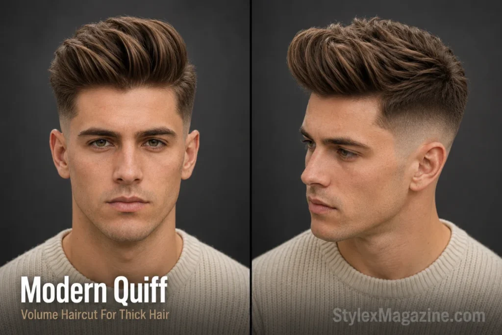 Modern quiff haircut with volume for men with thick straight hair