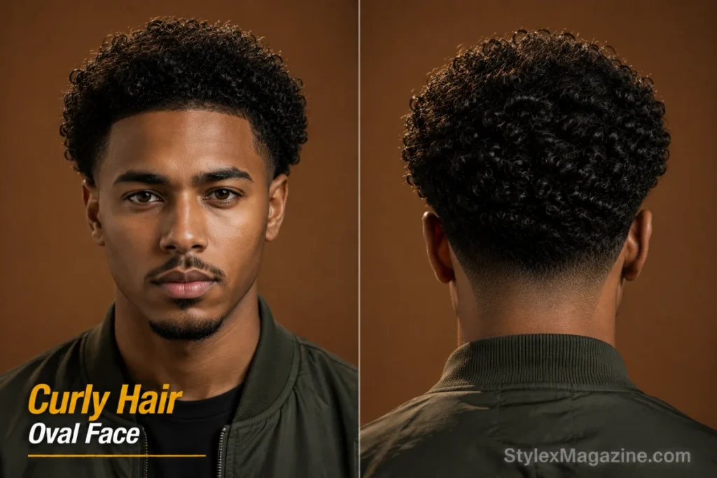 Oval face with curly hair showing natural curl volume framing cheekbones and jaw with low to mid fade