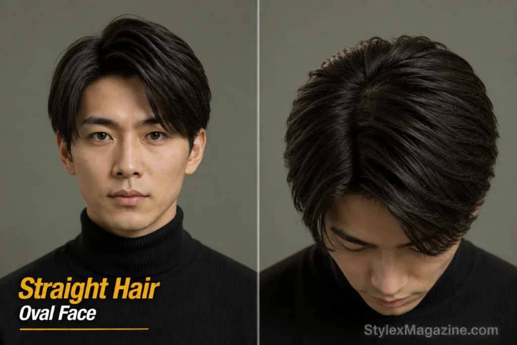 Oval face with straight hair showing sharp side part with point-cut texture and matte clay separation