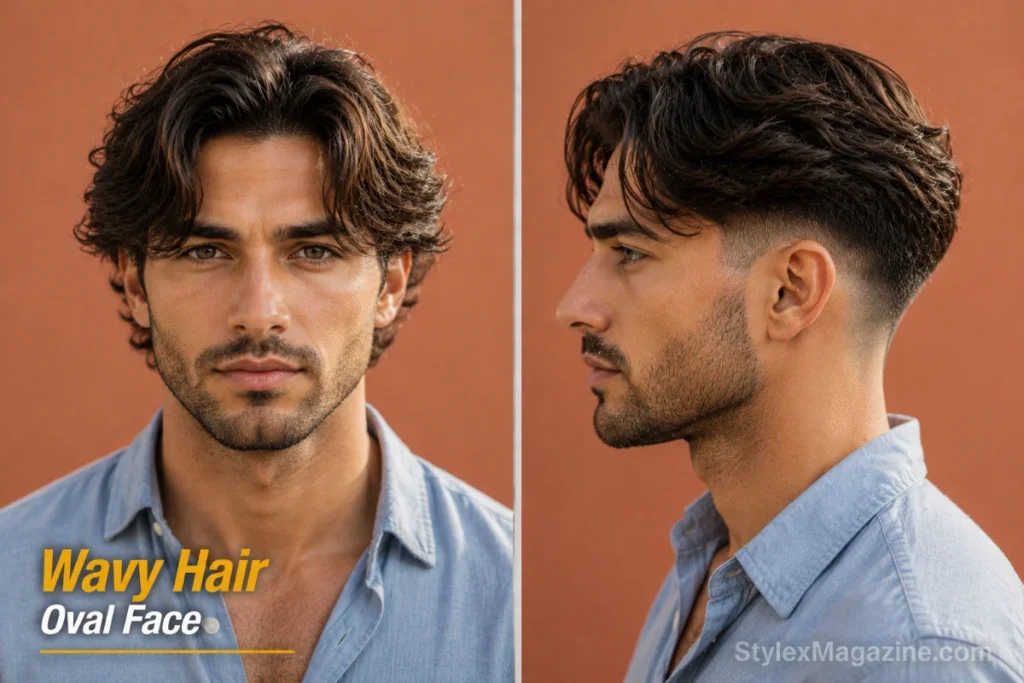 Oval face with wavy hair showing natural wave curves complementing rounded contours with mid fade