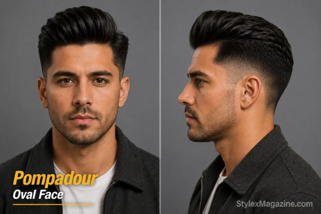Controlled pompadour on oval face showing 3 inch backward sweep with matte finish and low to mid fade