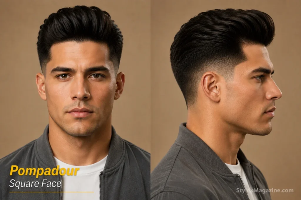 Pompadour on square face showing backward upward sweep adding vertical height above angular jaw