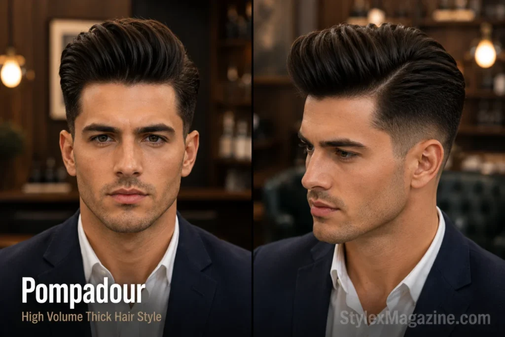 Classic pompadour haircut with volume for thick straight hair men
