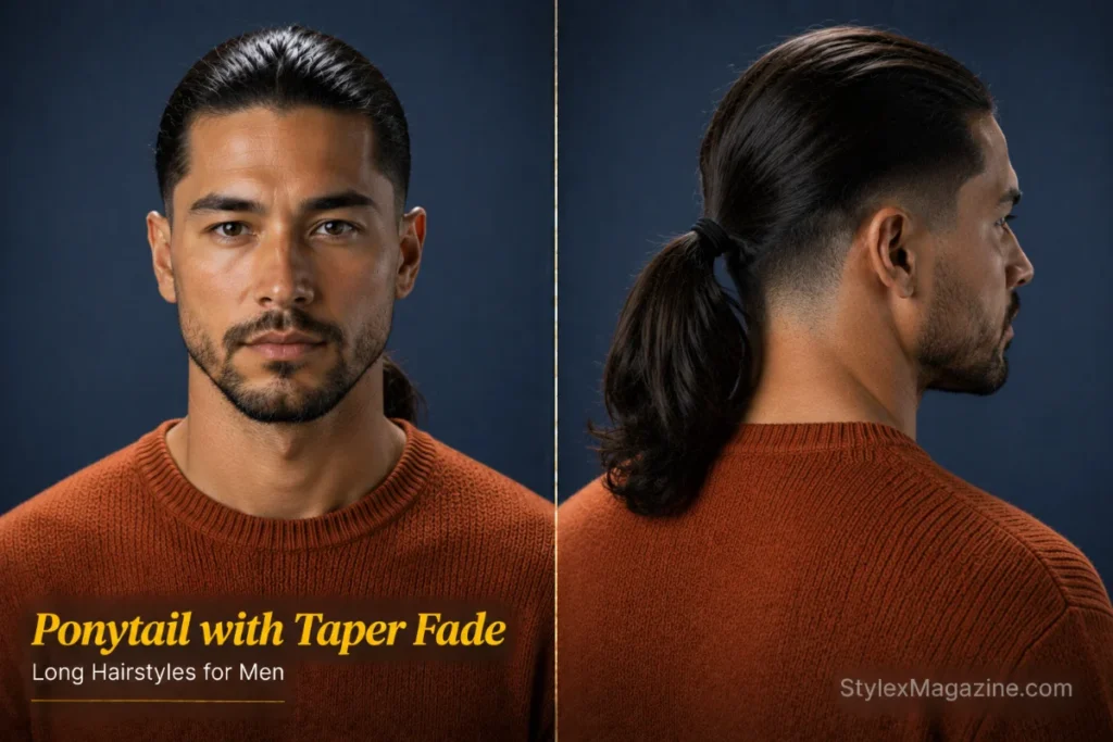 Ponytail with taper fade hairstyle for men featuring tied-back long hair and a clean low taper fade.