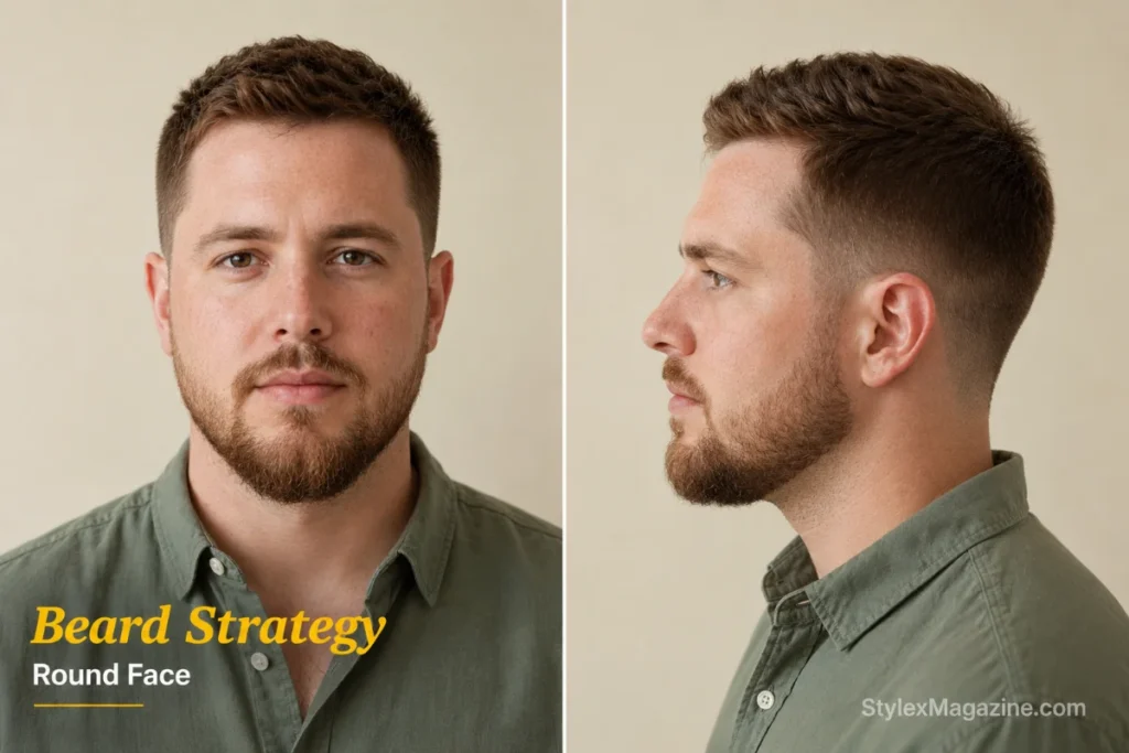 Round face beard strategy showing chin-length beard with tight cheeks adding jaw definition