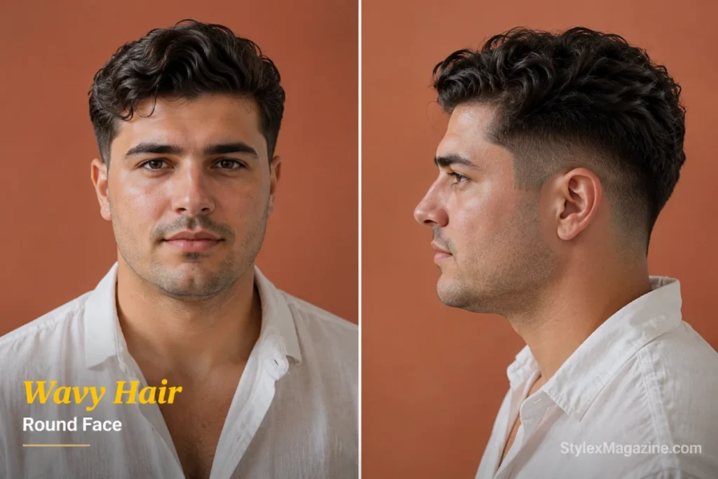 Round face with curly hair showing natural curl volume at crown with high fade scissor blend