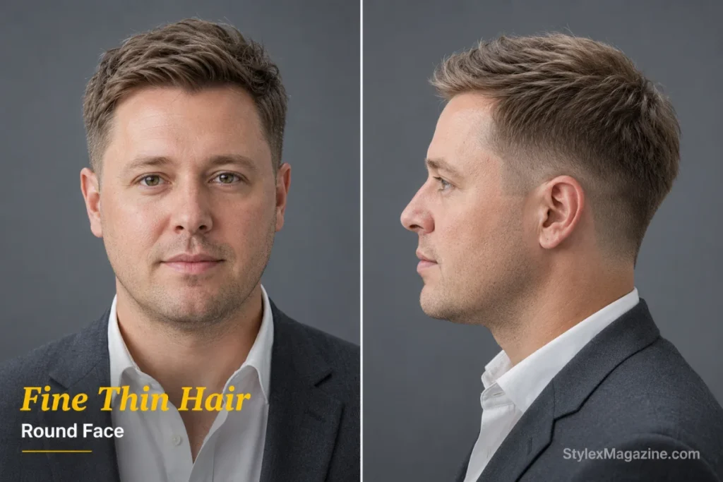 Round face with fine hair showing root-lifted layers creating density illusion with mid fade