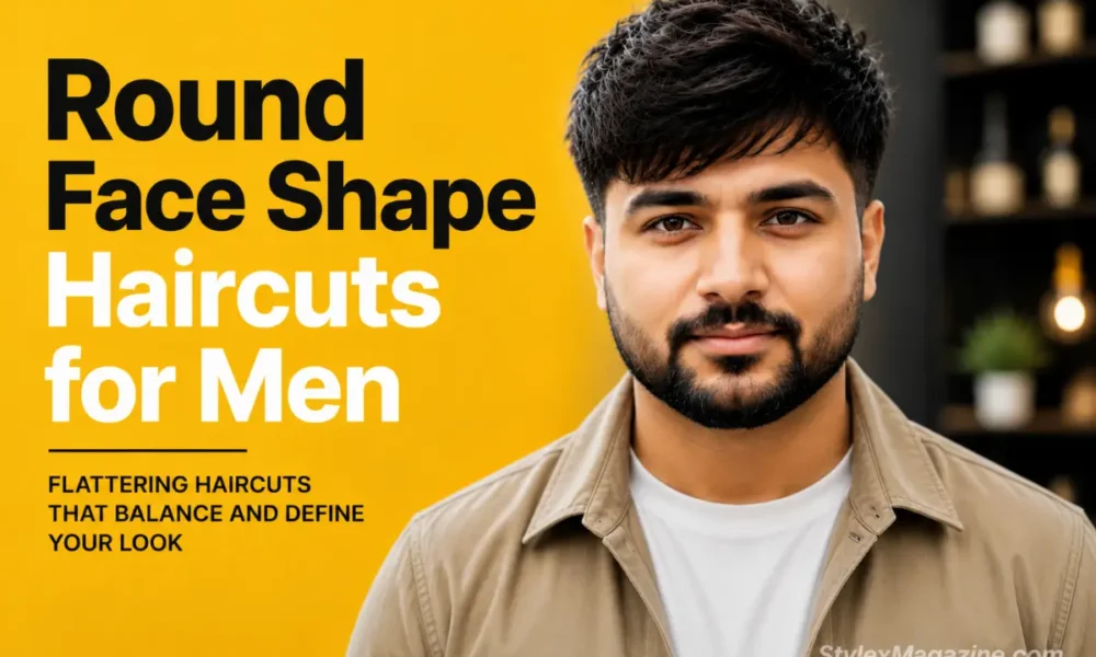 Young man with round face shape hairstyle in editorial studio portrait showing modern textured haircut, styled for “Round Face Shape Haircuts for Men” featured article on StylexMagazine with bold yellow background and clean typography design.