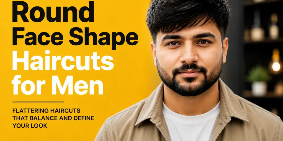 Round Face Shape Haircuts For Men: 30 Best Styles Young man with round face shape hairstyle in editorial studio portrait showing modern textured haircut, styled for “Round Face Shape Haircuts for Men” featured article on StylexMagazine with bold yellow background and clean typography design.