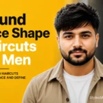 Young man with round face shape hairstyle in editorial studio portrait showing modern textured haircut, styled for “Round Face Shape Haircuts for Men” featured article on StylexMagazine with bold yellow background and clean typography design.