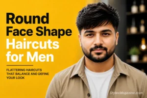 Young man with round face shape hairstyle in editorial studio portrait showing modern textured haircut, styled for “Round Face Shape Haircuts for Men” featured article on StylexMagazine with bold yellow background and clean typography design.