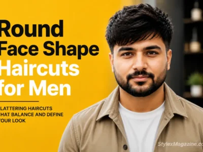 Young man with round face shape hairstyle in editorial studio portrait showing modern textured haircut, styled for “Round Face Shape Haircuts for Men” featured article on StylexMagazine with bold yellow background and clean typography design.