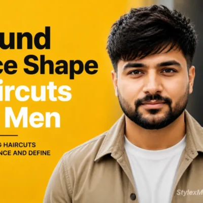 Young man with round face shape hairstyle in editorial studio portrait showing modern textured haircut, styled for “Round Face Shape Haircuts for Men” featured article on StylexMagazine with bold yellow background and clean typography design.