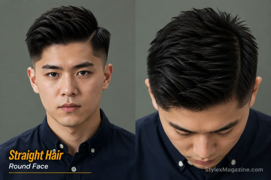 Round face with straight hair showing sharp side part with point-cut texture and mid to high fade