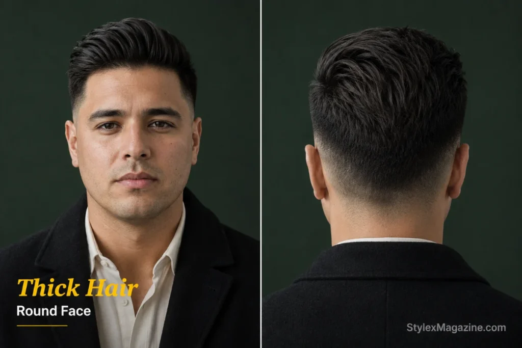 Round face with thick hair showing thinned sides with full top height and high fade